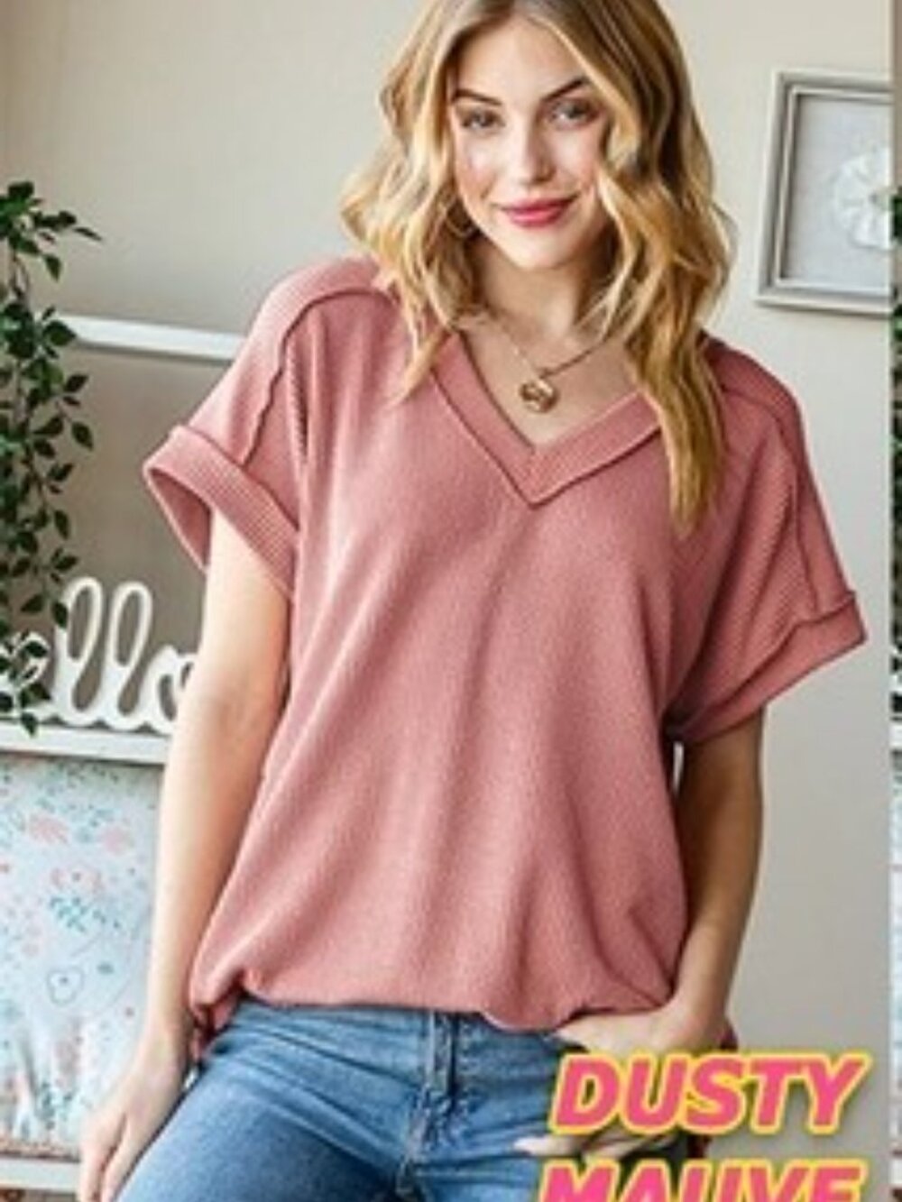 Casual V-Neck Waffle Knit Top - Mauve